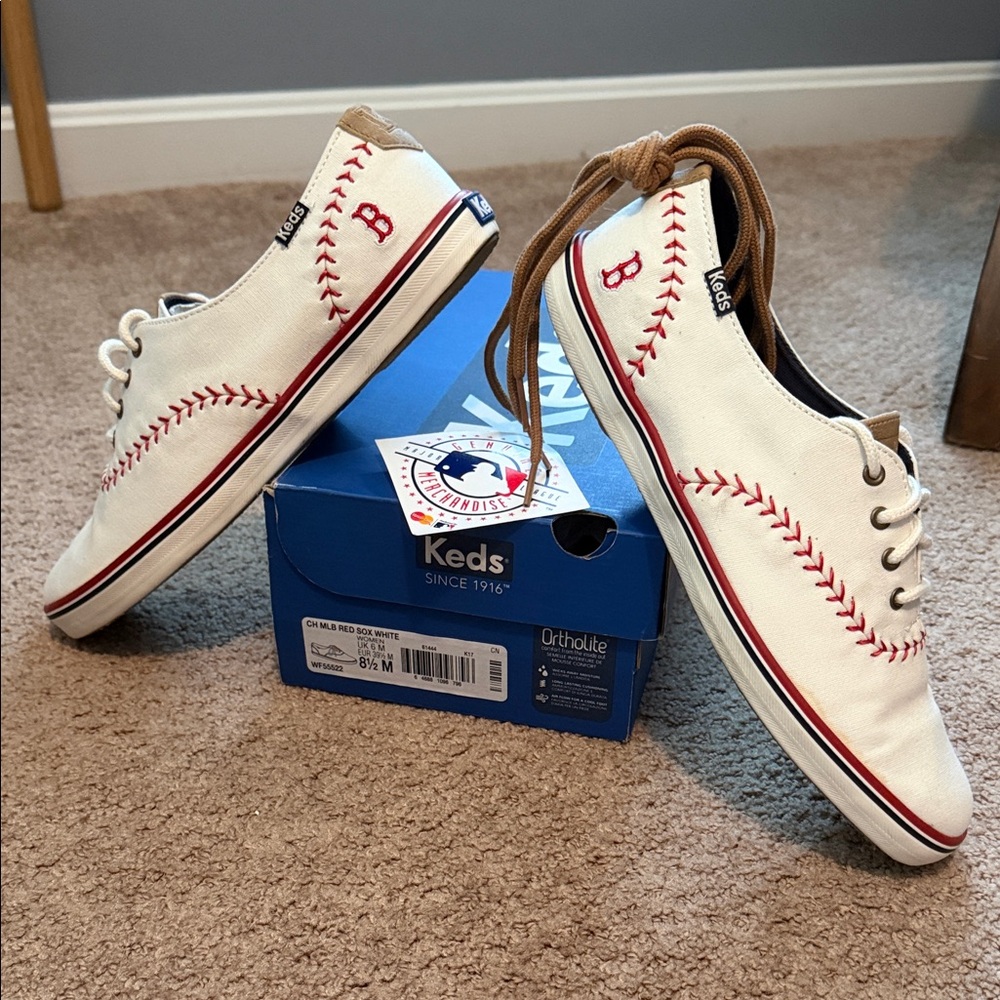 Keds White Canvas Boston Red Sox Sneakers with Red Baseball Stitching